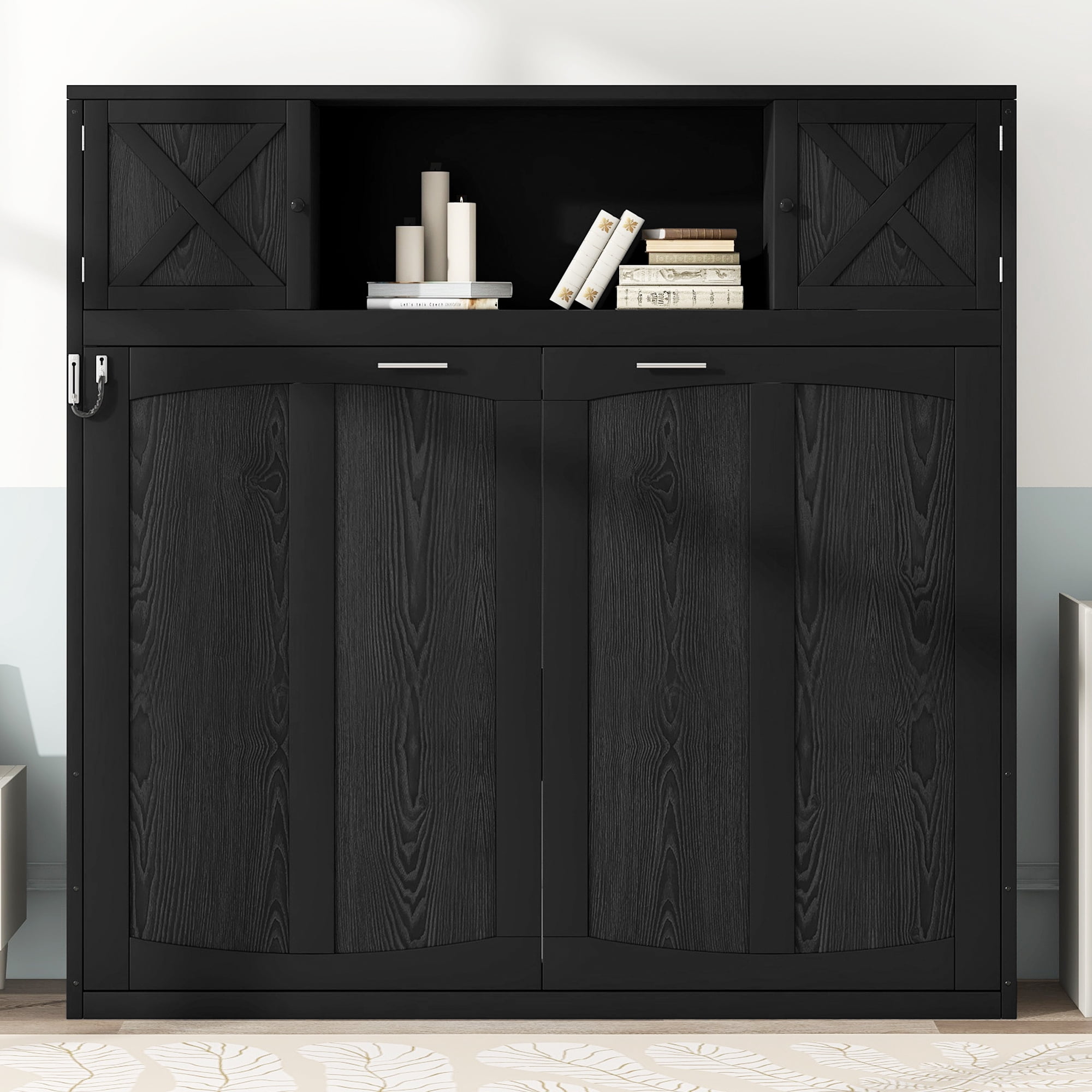 Euroco Full Size Murphy Bed with Cabinet, Storage Wall Bed for Guest Room, Black