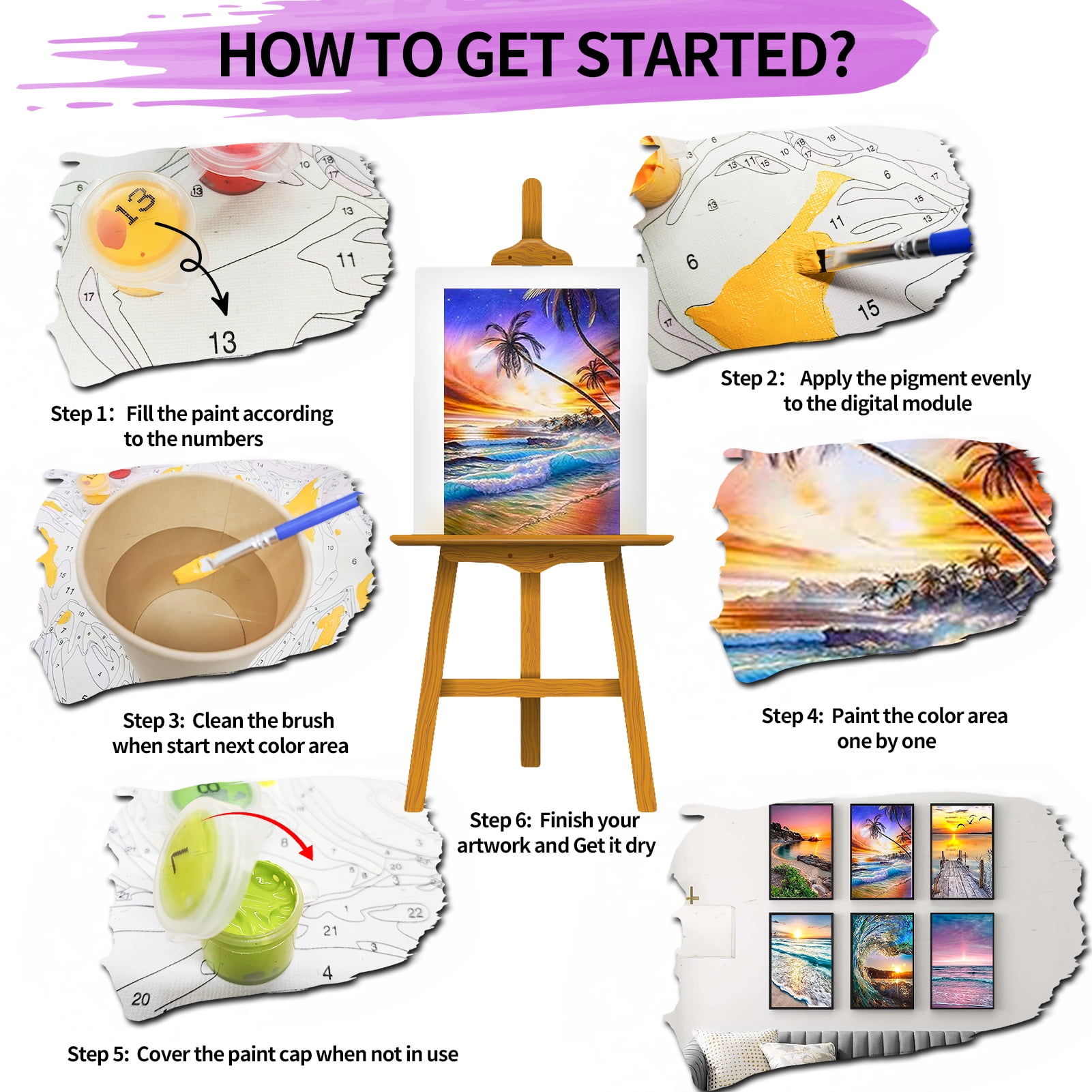 JYLMOOD 6pcs Paint by Numbers for Adults Kits, DIY Easy Painting by Numbers for Gift Home Wall Decoration 30x40cm（without Frame)