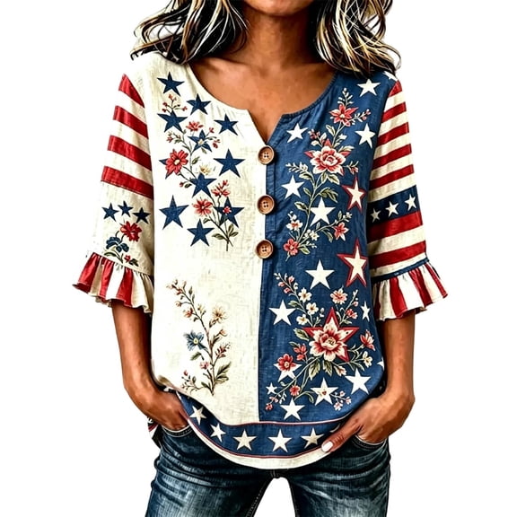 Wang6 250th Anniversary USA Shirts for Womens Plus Sized America Flag Printed V Neck Tshirts 4th of July Button Tops 3/4 Sleeve Independence Day Graphic Tees 0527liBlue2 XL