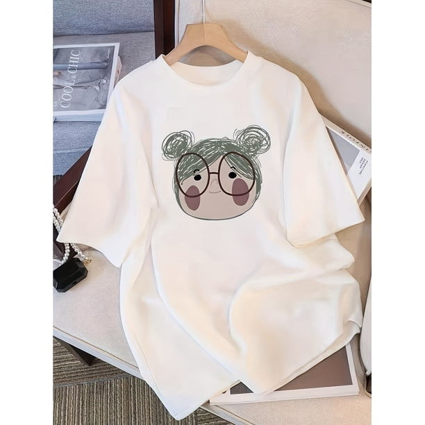 Women's Retro White Short Sleeve T-Shirt - Cute Cartoon Graphic Print, Soft, Loose Fit, Summer Casual Top with Green Hair & Glasses Design, Ladies T Shirts