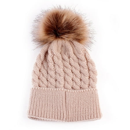 

Sodopo Infant Toddler Beanie Woolen Hat Pure Color Winter Twist Double Pom Pom Wool Knitted Cap for 0-3 Years Old