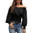 thumbnail image 1 of Sunloudy Blusa de otoño para mujer, Top corto de túnica elástica de manga larga con hombros descubiertos y lunares para damas, negro/blanco/rosa Sunloudy  S/M/L/XL/XXL, 1 of 5