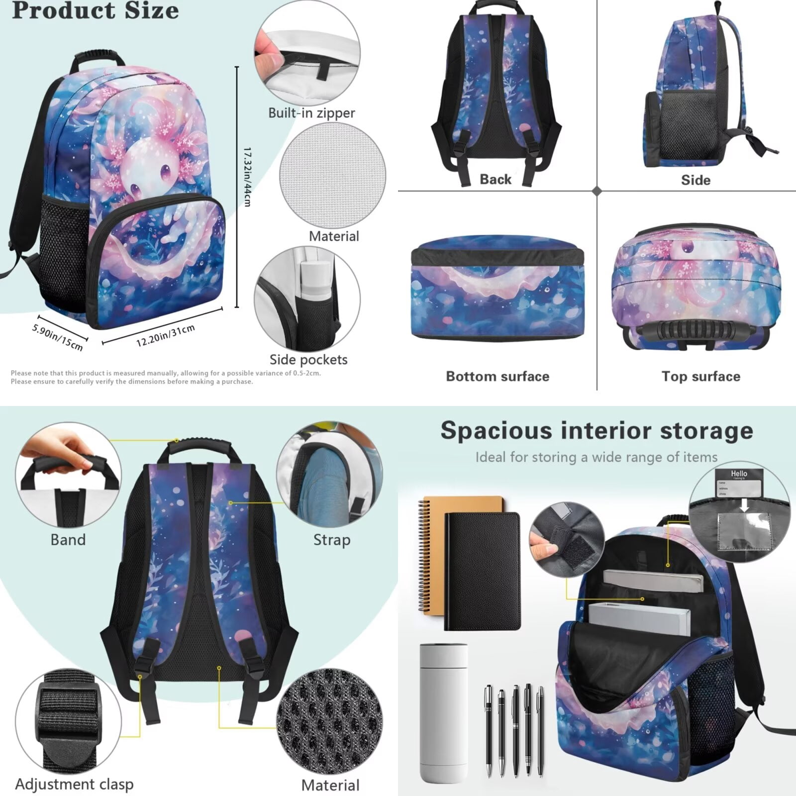 XYZCANDO Axolotl 4 Piece School Backpack Set with Lunch Bag Pen Bag Water Bottle Carrier with Compartments Cute Florals Bookbags Gift for Girls Boys