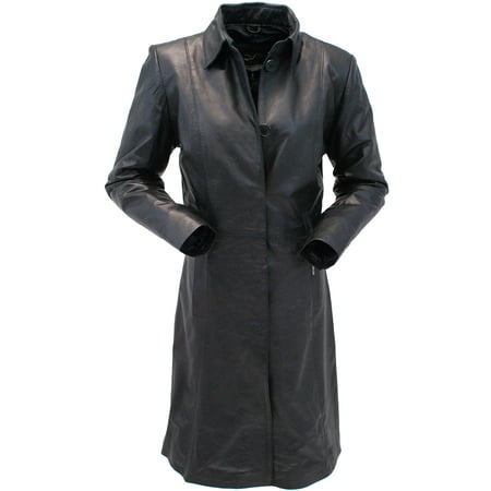 Extra Long Button Down Lambskin Leather Coat for Women