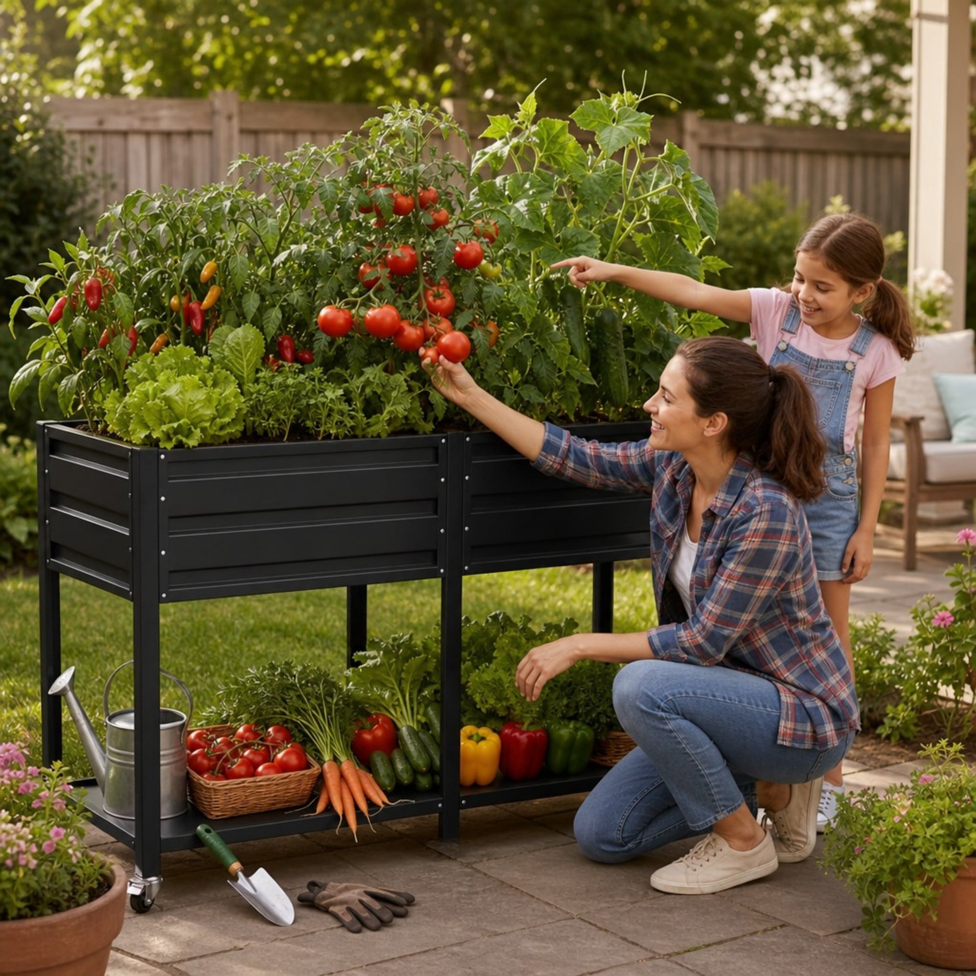 Aukfa 2-Tier Elevated Raised Garden Bed with Lockable Wheels, 37.8" Tall Outdoor Galvanized Metal Planter Box for Vegetables, Herbs, Flowers, Patio Backyard Garden, Black