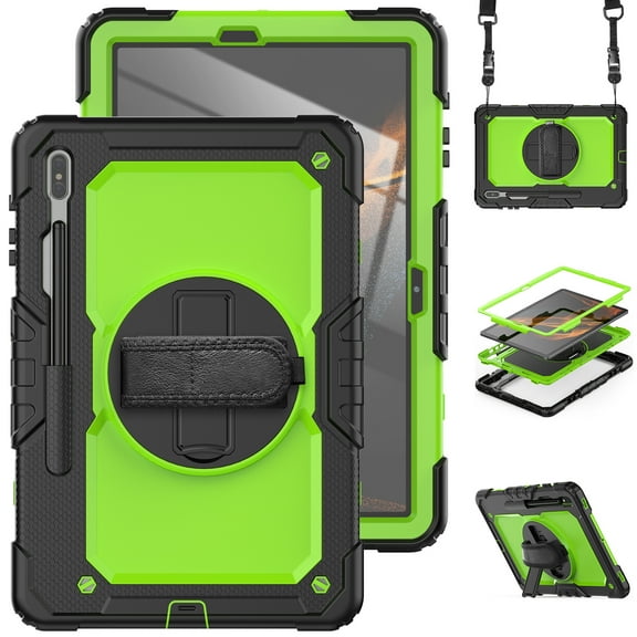 Dteck Case for Samsung Galaxy Tab S8 Plus 12.4 inch 2022 / S7 FE 12.4 inch 2021 & Tab S7 Plus 12.4" 2020 Tablet with Rotatable Kickstand&Hand Strap&Shoulder Strap&Screen Protector Case,Green Black