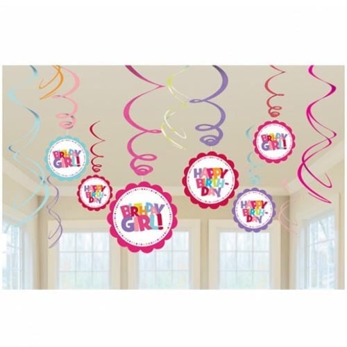 Various Hanging Multicolor Swirl Decorations - Birthday, Female, Words (12 Count)