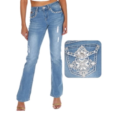 SEXY COUTURE - SEXY COUTURE Women's Rhinestone Mid Rise Boot Cut Light...