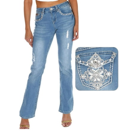 SEXY COUTURE Women's Rhinestone Mid Rise Boot Cut Light Wash Denim Jeans
