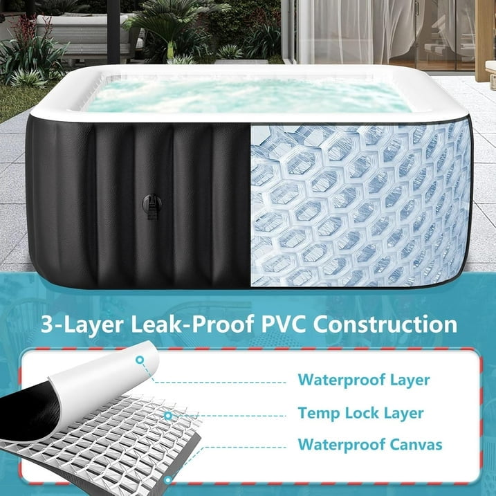 Outdoor Inflatable Hot Tub Spa for 4 Person, Square 185 Gallon Air Jet Hot Tub with 110 Bubble Jets, Pool Heater, Insulated Cover and Filters, Portable Hot Tubs for Patio, Backyard
