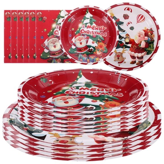 Christmas Plates Disposable 40-Piece Plastic Tableware Set, Red Snowflake and Tree Design for Holiday Parties