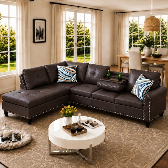 Aukfa 98" L Shaped Sectional Couch with Cup Holder Console, Tufted Back&Nailhead Trim, Oversized Left Chaise Leather Sofa for Living Room, Brown