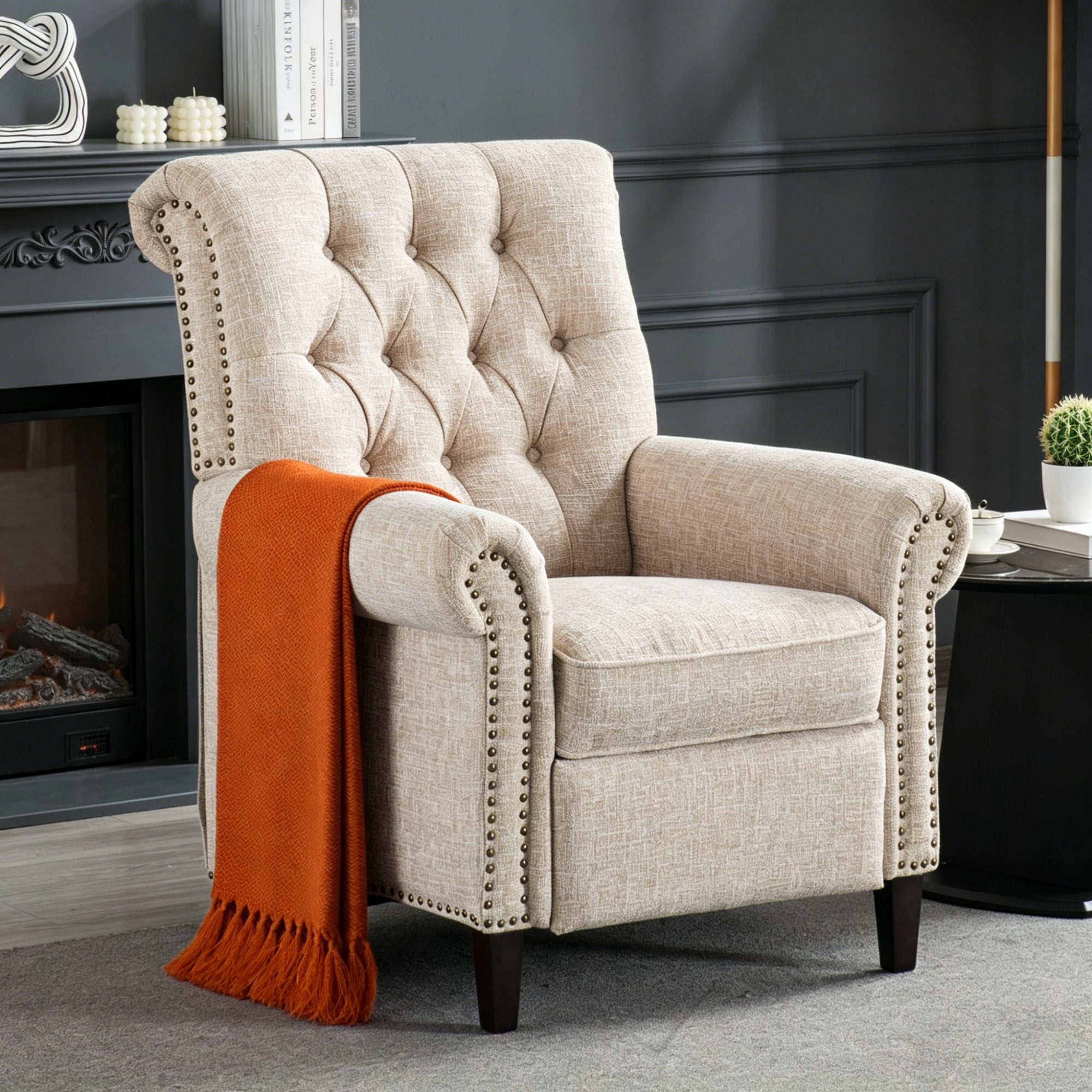 BSHTI Pushback Recliner Chair Linen Upholstered Armchair for Living Room Home Theater, Manual Single Sofa with Nailhead Trim, Rolled Arms, Wood Legs, Adjustable Footrest(Beige)