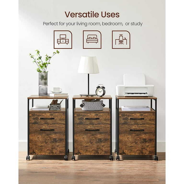 VASAGLE File Cabinet Mobile Filing Cabinet with Wheels 2 Drawers Open Shelf  for Office Rustic Brown and Black 