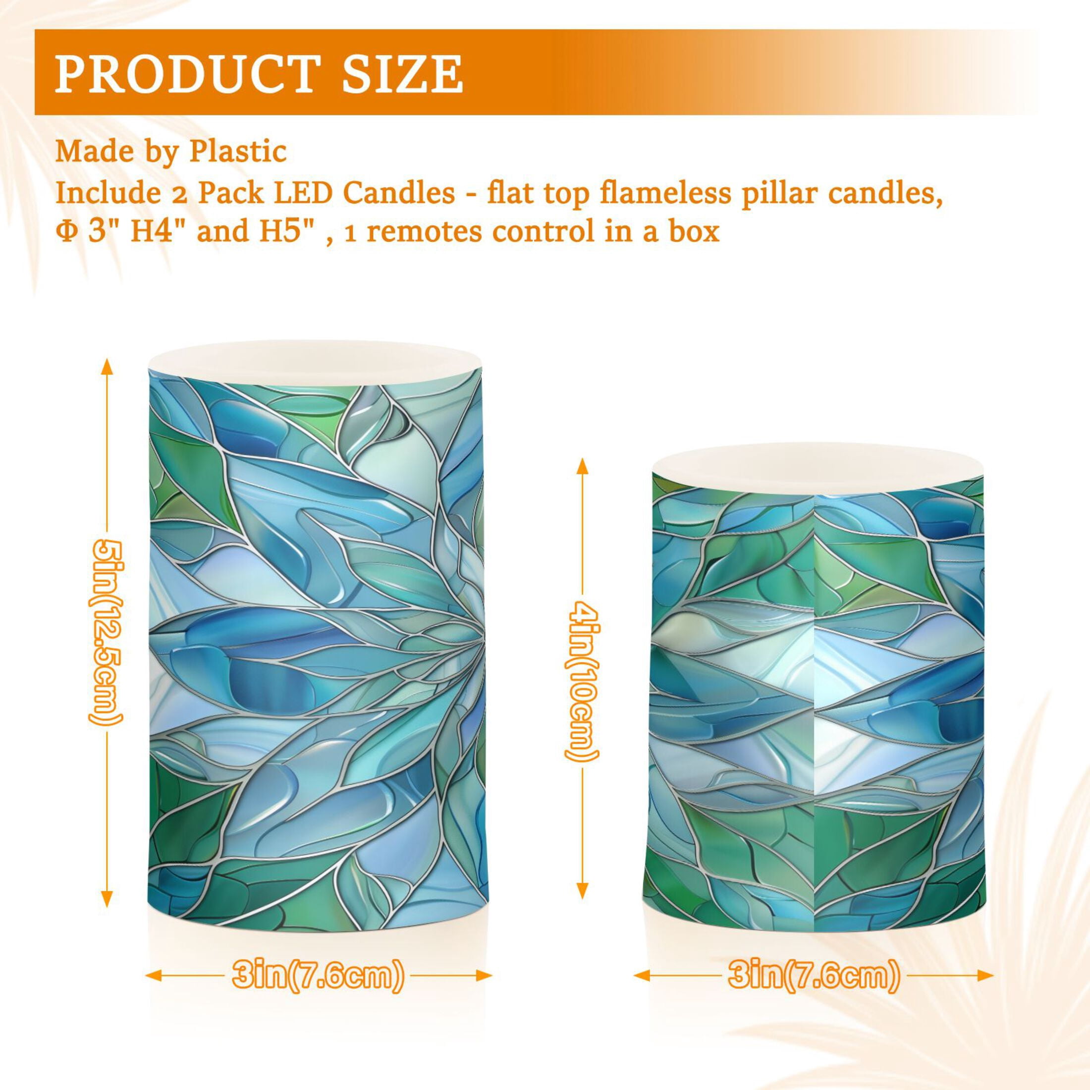 Flickering Flameless LED Candles set of 2 Battery Operated 18-Key Remotes Timer Halloween Fall Decor Blue Green Floral Stained Glass D3''xH4''5''