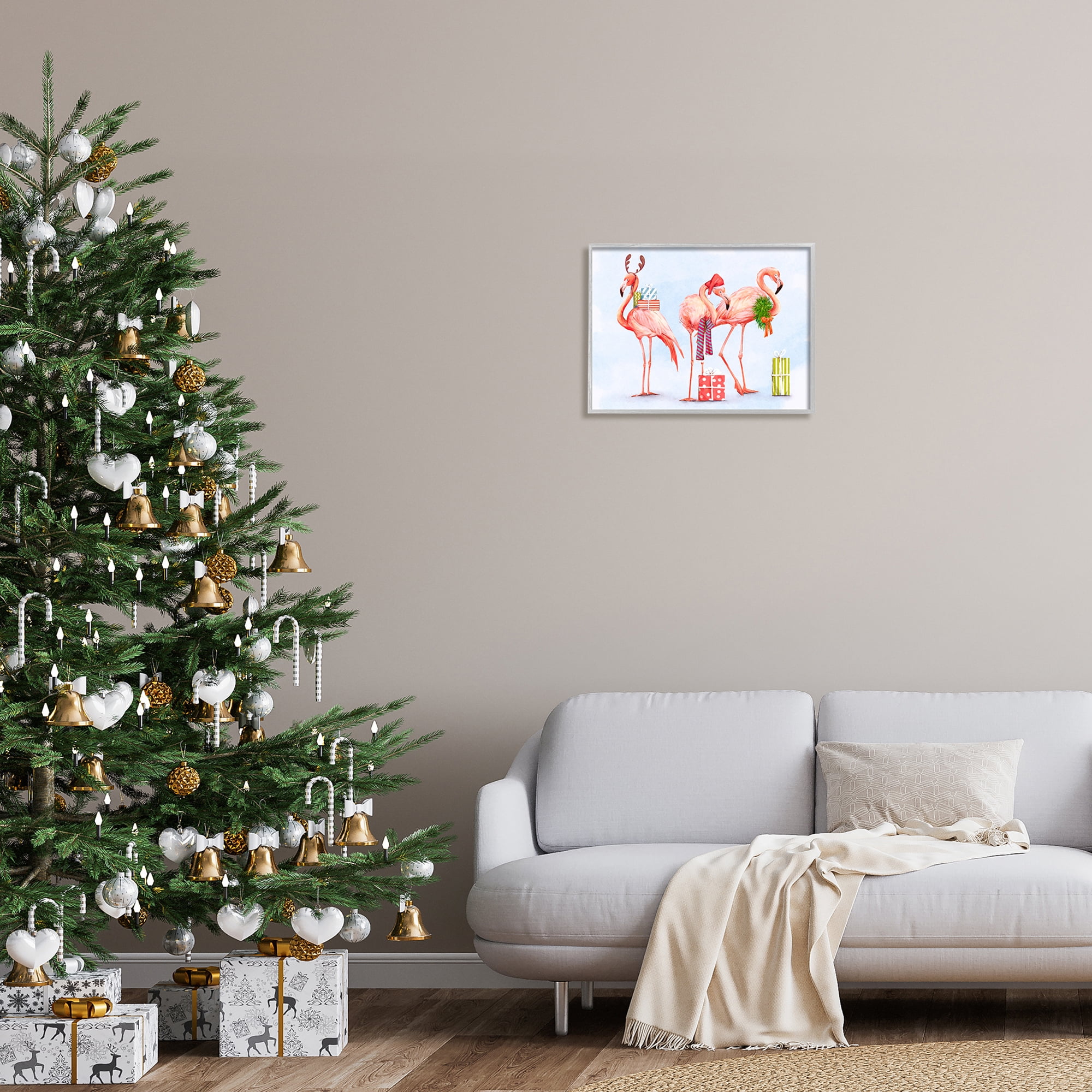Gift Giving Pink Flamingos Charming Holiday Birds Coastal Painting Framed Art Print Wall Art