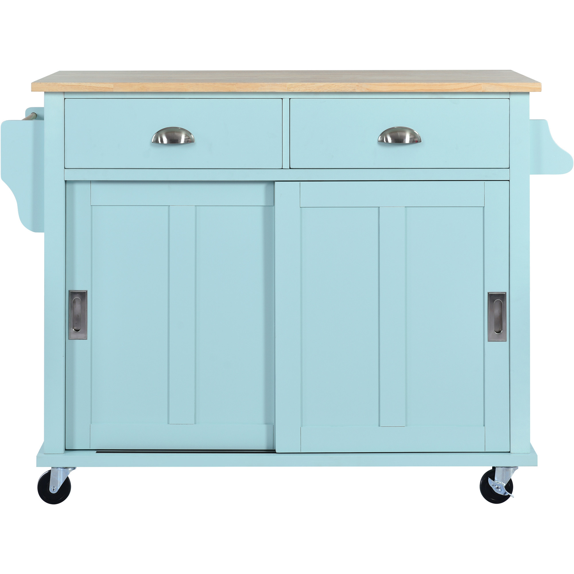 DEALTOPS 52.2 inch Kitchen Cart with Rubber Wood Drop-Leaf Countertop, Concealed Sliding Barn Door Adjustable Height, Kitchen Island on 4 Wheels with Storage Cabinet and 2 Drawers-Green