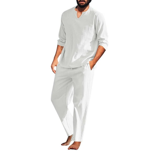 Linen Sets for Men 2 Piece Henley Shirt Long Sleeve and Casual Beach Drawstring Waist Straight Leg Pants Loose Outfits White,XL