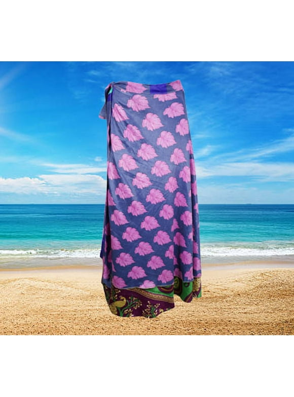 Women's Pink Purple Reversible Long Wrap Skirt, Boho Silk Sari Wrap Around Skirts, One Size