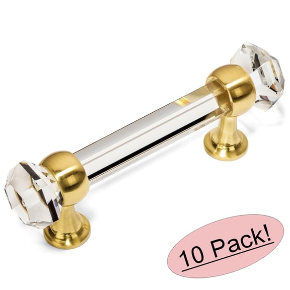 10 Pack - Cosmas 6393BB-C Brushed Brass with Clear Glass Cabinet Handle Pull - 3" Hole Centers