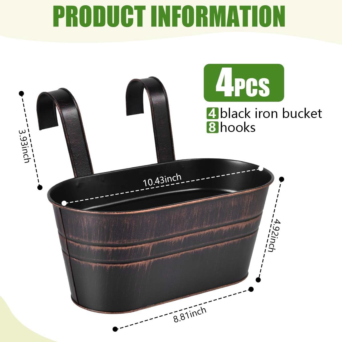 4 Pack Metal Hanging Flower Pots Iron Railing Planter Outdoor Fence Hanging Pots Bucket Plant Holder with Detachable Hooks Drain Holes for Home Garden Yard Decor (Black)