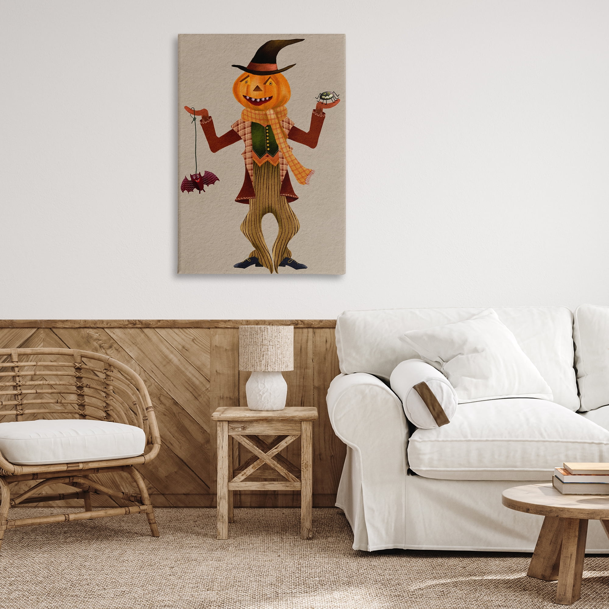 Stupell Industries Halloween Scarecrow & Bat Holiday Painting Gallery Wrapped Canvas Art Print Wall Art, 24 x 36
