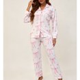 thumbnail image 2 of Vynhevius Women's Printed 2‑Piece Pajama Set Lapel Collar Open Front Long Sleeve Top Pants Comfortable Sleepwear,Pink,M, 2 of 7
