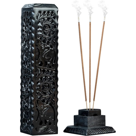 Crocon Black Marble Soapstone Incense Stick Burner Square Shape Leaf & Half Wheel Carving Tower Burner | Tea Light Candle Holder | Decorative Home & Kitchen Size - LxWxH 3X3X11 Inch