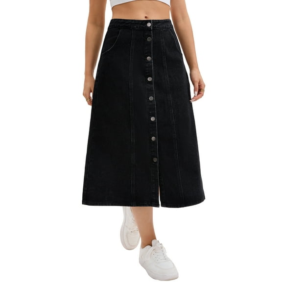 INSPIRE CHIC Women's Skirt Denim Button Down Front Slit High Waisted A Line Pockets Midi Jean Skirts M Black