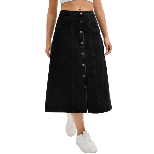 Falda de mezclilla para mujer Inspire Chic, con botones en la parte delantera, abertura, cintura alta, corte en A, con bolsillos, falda midi de mezclilla, talla 2XL, color negro