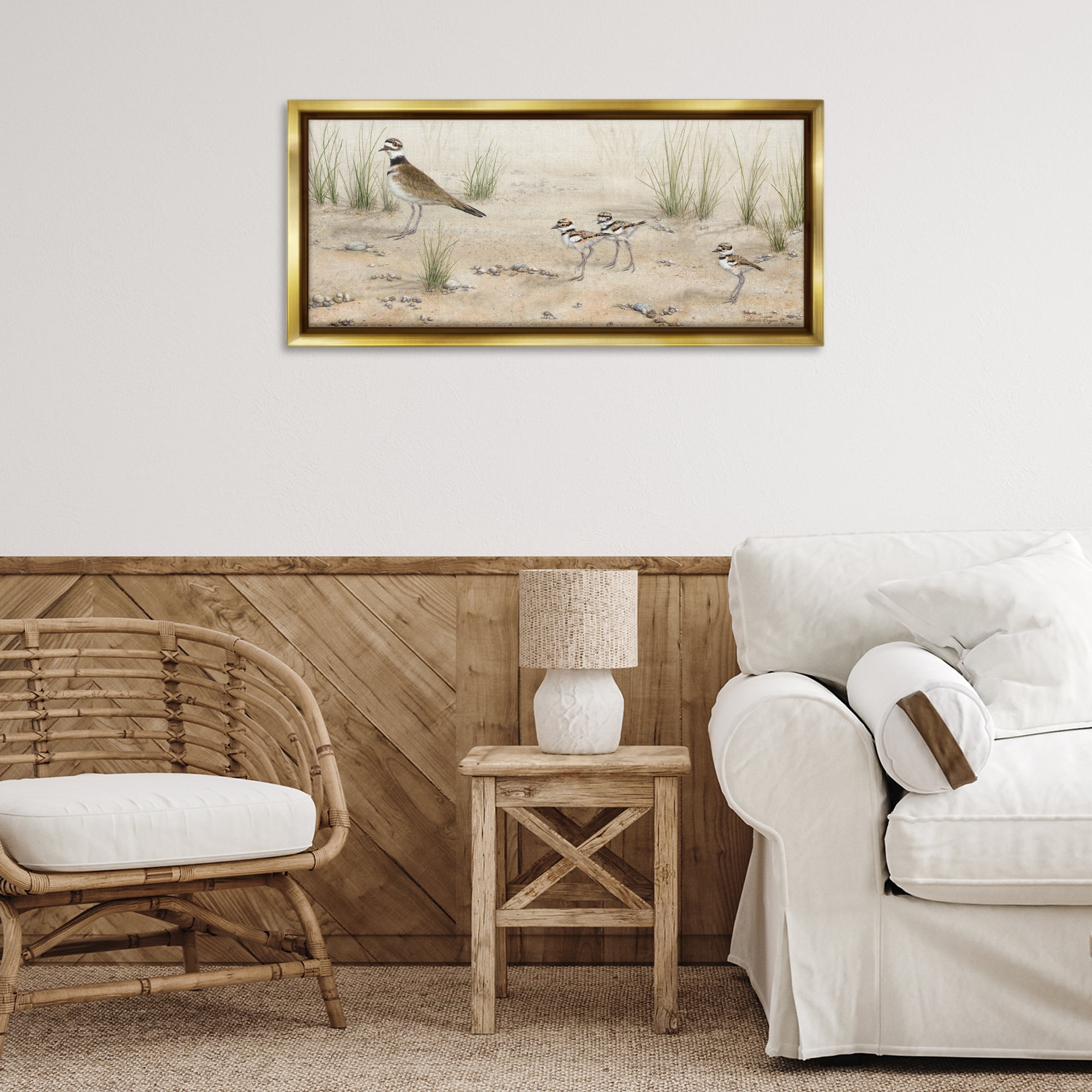 Stupell Industries Kildeer Birds Stepping Landscape & Nature Painting Gold Floater Framed Canvas Art Print Wall Art, 31 x 14