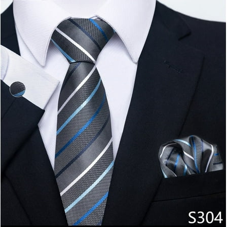 Men's Neckties Set,Handkerchief Cufflink Business Formal Grey Striped Ties for Men