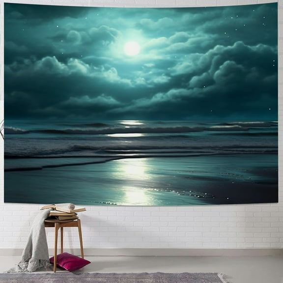 Creowell Moon Ocean Star Filled Sky Tapestry Wall Hanging Living Room Bedroom Decor Short Plush Fabric 4 Sizes 40x30inch