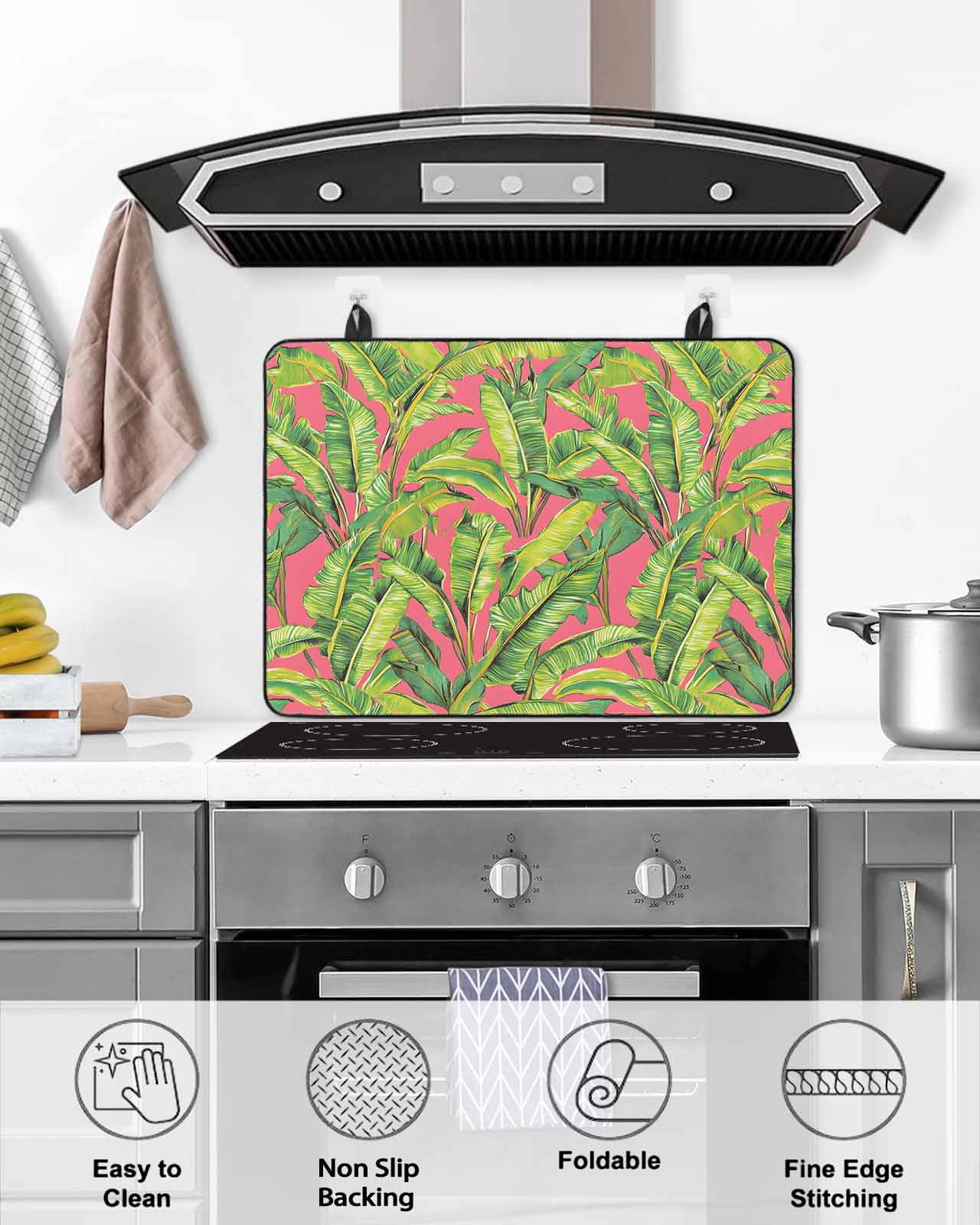 nqOlkjepod Large Induction Cooktop Protector Mat 36"x21", Green Tropical Leaves Stove Top Covers for Electric Stove, Summer Palm Botanical Pink Stove Burner Cover Mats, Glass Top Stove Cover