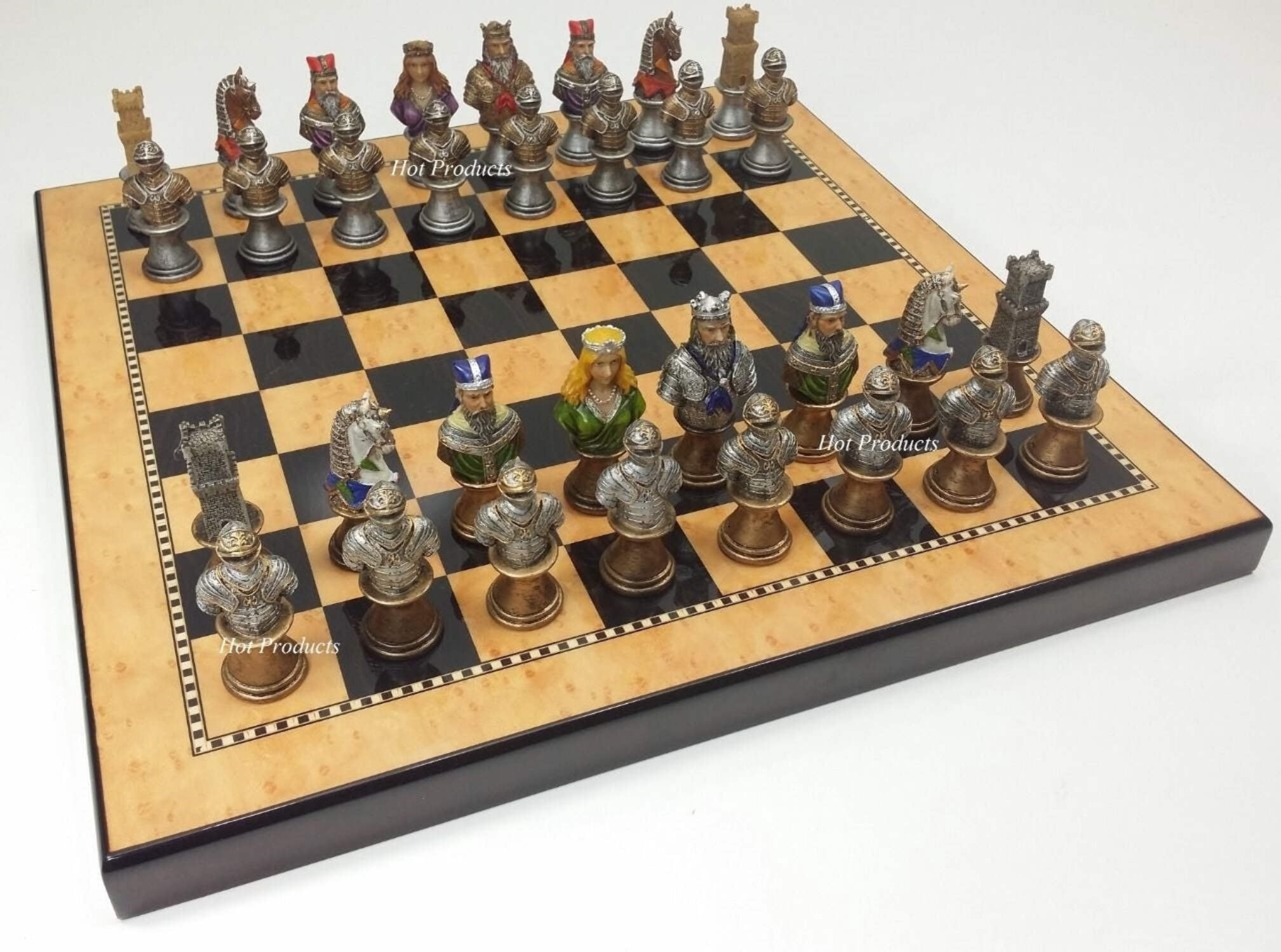 Medieval Times Crusades Busts PAINTED Chess Set 15" Walnut  Maple Color Board