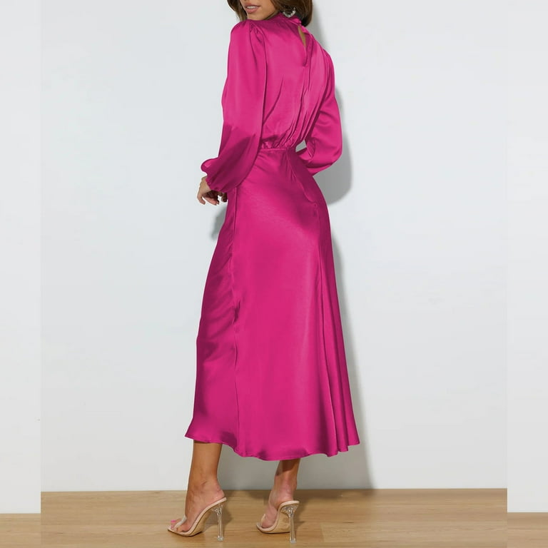 WTXUE Long Sleeve Dress, Women's Solid Color High Neck Satin Long Sleeved  Elegant Slim Fit Dress, Hot Pink Dress, Hot Pink XL - Walmart.com