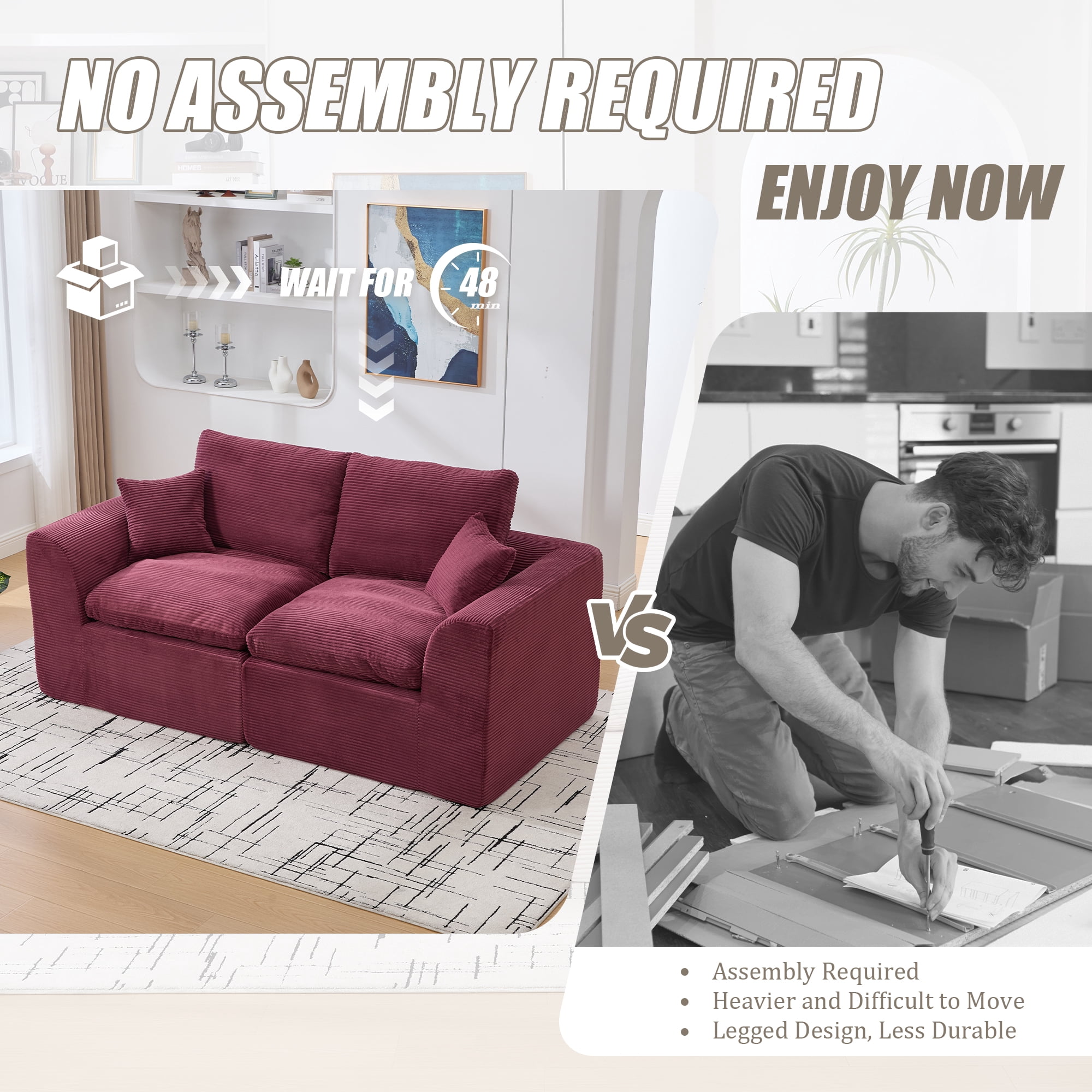 MOONMISS 80.3" Oversized Modular Sofa, Upholstered Corduroy 2 Seat Deep Seat Cloud Couch for Living Room Bedroom, No Assembly Required,Red