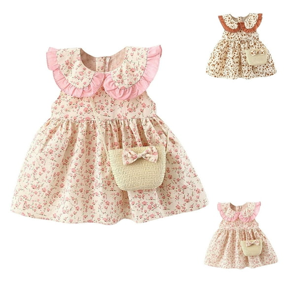 THDHVS Girls Summer Dresses, Dresses for Kids, Toddler Kids Baby Girls Fashion Cute Sleeveless Sweet Flower Print Ruffle Dress Bag Set Pink 6-9 Months