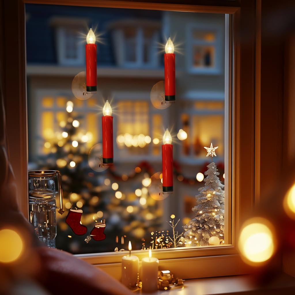 WYZworks 20 Pack LED Flameless Red Taper Clip On/Suction Cup Candles for Christmas Tree/Window Candle, 3.5" Flickering Warm White Candle Lights Ornaments, Crown Wreath, Battery Operated, Remote/Timer