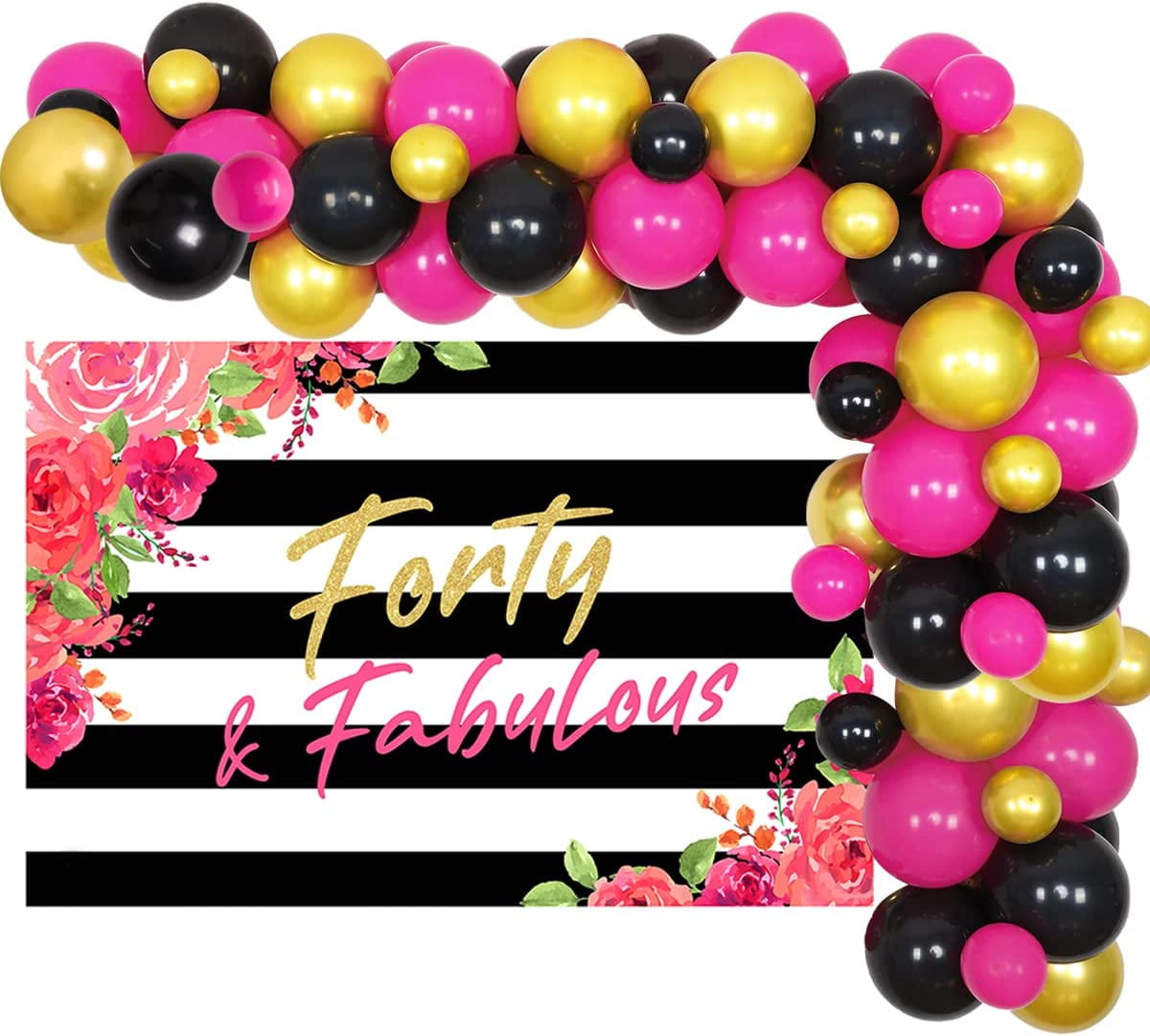 40th Birthday Decorations Women Hot Pink Black and Gold Balloon Garland
