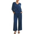 thumbnail image 2 of INSPIRE CHIC Women's Mother of Bride Sets Chiffon Ruffles V Neck Top Wide Legs Pantsuits Wedding Guest 2 Pieces Pants Suits S Dark Blue, 2 of 5