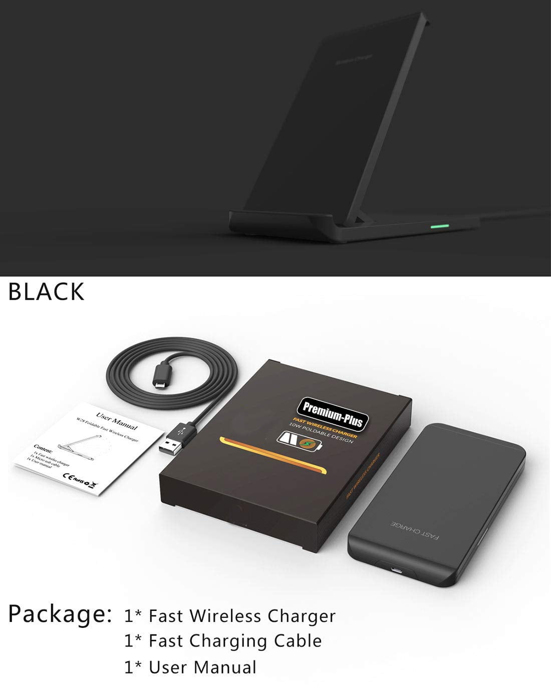 Premium Plus Fast Foldable Wireless Charger 10W Wireless Charging Stand Qi Certified Compatible iPhone XR Xs Max XS X 8 8 Plus Fast Charging Galaxy S10 S9 S9 S8 S8 and More No AC Adapter