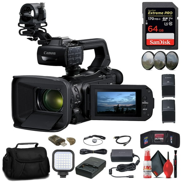 Canon XA70 UHD 4K30 Caméscope avec Mise au Point Automatique Double Pixel 5736C002 Carte Mémoire 64 Go Batterie BP828 Chargeur BP820 Trousse de Filtres Sac Lumière LED Lecteur de Carte Câble HDMI Modèle International