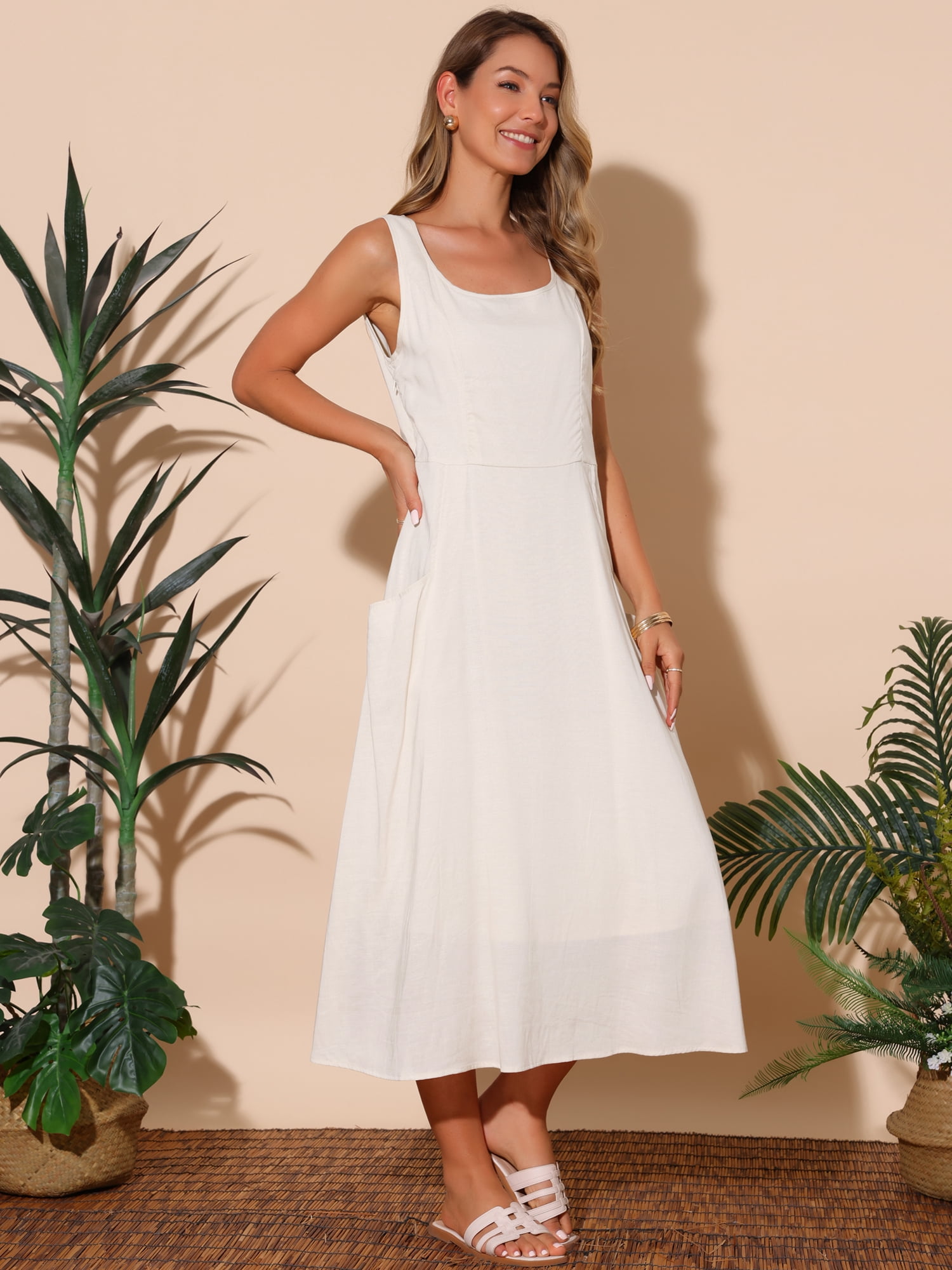DARING DIVA Women's Sleeveless Loose Flowy Midi Tank Beach Dress M Beige