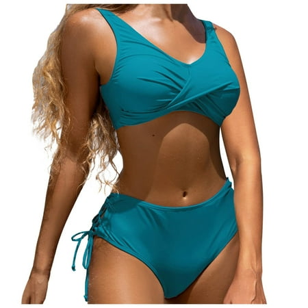 Rigardu Women s Twist Front High Waisted Bikini Swimsuit Drawstring Tie Side Bottom Two Piece Bathing Suit Women s Solid Color Fashionable Casual Strap Triangular Bikini Swimsuit Set Blue Xxl