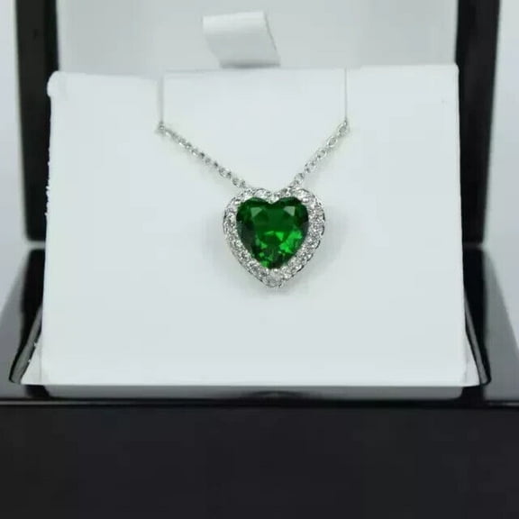Lab-Created 2.20Ct Green Emerald Women Heart Pendant 14k White Gold Plated