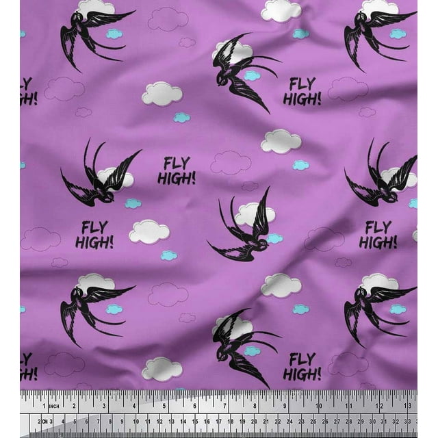 Soimoi Purple Silk Fabric Text,Clouds & Crow Bird Print Fabric by the Yard 42 Inch Wide