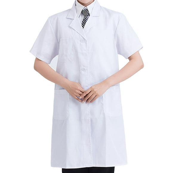 kurtrusly White Lab Coat Buttons Down Unisex Short Sleeve School Factory Workwear Work Clothes Men Internship Thick Dustproof Short Sleeve S