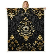 Manfei Gold Baroque Damask Sherpa Blanket 30x40, Hippie Flower Floral Fuzzy Blanket Throw, Vintage Victorian Flannel Blanket, Breathable Bedroom Decorative