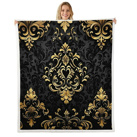 Manfei Gold Baroque Damask Sherpa Blanket 30x40, Hippie Flower Floral Fuzzy Blanket Throw, Vintage Victorian Flannel Blanket, Breathable Bedroom Decorative